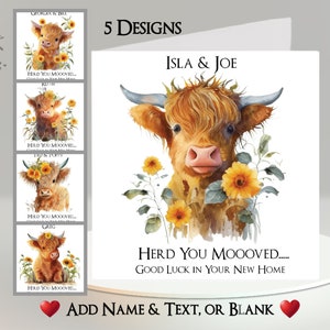 Highland Cow New Home-kaart: voeg je naam + tekst toe ~ voeg je naam toe ~ bericht ~ Veel succes, verhuizen, nieuw adres, nieuw huis, thuis