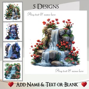 Carte de fleurs cascade : ajoutez votre texte et votre nom ~ 5 modèles au choix ~ message à l'intérieur ~ fleurs, eau, papillons, oiseau de paradis