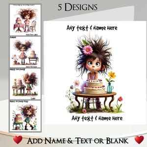Verjaardagskaart meisje: naam toevoegen + tekst, bericht binnenin, 5 ontwerpen, verjaardagstaart, kaarsen, eigenzinnig meisje, groot haar, bloemen, bloemen, schattig, grappig