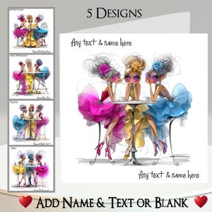 Carte Besties : ajoutez votre nom + texte, message à l'intérieur, 5 modèles, femme élégante, meilleures amies, femme fantasque, café, café, thé, dessin