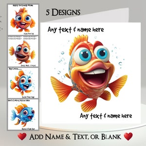 Tarjeta de pescado: agregue su texto + nombre ~ 5 diseños para elegir ~ Mensaje interior ~ Pesca, pescador, pez divertido, pez divertido, pez feliz, tardío