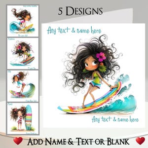 Biglietto d'auguri "Surfista": aggiungi il tuo testo + nome, messaggio all'interno, 5 design. Surf, Mare, Oceano, Spiaggia, Sport acquatici, Sabbia, Spiaggia, Onde