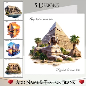 Könnte beinhalten: Grußkarten mit ägyptischen Motiven. Die Hauptkarte zeigt die Sphinx und eine Pyramide. Zusätzliche Karten zeigen Segelboote auf dem Wasser und antike Bauwerke. Auf den Karten steht "5 DESIGNS" und "Add Name & Text or Blank."