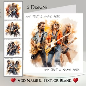 Tarjeta de banda de rock: agrega tu texto + nombre ~ Mensaje interior ~ Guitarra, bajo, batería, cantante, heavy metal, soft rock, rock and roll, músico, música