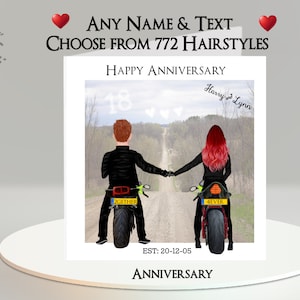 Tarjeta de aniversario de motociclista: agregue su texto, nombres + fecha, elija el peinado ~ Mensaje interior ~ Moto, motocicleta, bicicleta, novia, novio, aniversario