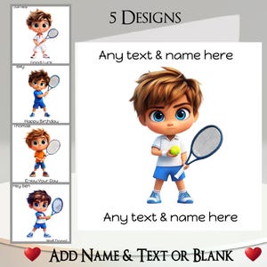 Carte Tennis Boy : ajoutez votre texte + votre nom, un message à l'intérieur, 5 modèles. Match de tennis, Joueur de tennis, Balle de tennis, Raquette, Sport, Partie de tennis