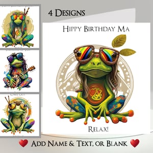 Tarjeta de rana hippie: agrega tu texto + nombre ~ 4 diseños para elegir ~ Mensaje interior ~ Rana, guitarra, hippie, guitarra, paz, poder de las flores, sapo