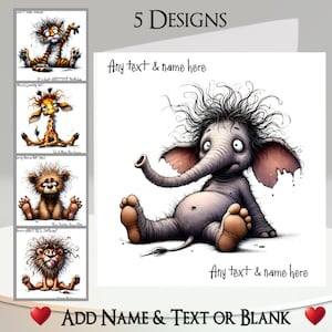 Carte animalière originale : ajoutez votre texte et votre nom, message à l'intérieur, 5 motifs, tigre, éléphant, girafe, ours, lion, safari, zoo, drôle, humoristique