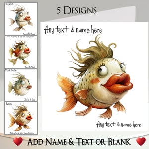 Tarjeta de pescado: agregue su texto + nombre, mensaje interior, 5 diseños para elegir ~ Pesca, Pescador, Pez divertido, Labios de pez, Beso de pez, Lápiz labial
