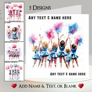 Tarjeta de animadora: agrega tu texto + nombre, mensaje interior, 5 diseños, niñas, peculiar, fútbol americano, partido, EE. UU., deporte, pompones, gimnasia