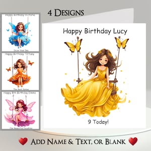 Biglietto d'auguri Fairy Swing: aggiungi il tuo testo + nome ~ 4 design tra cui scegliere ~ Messaggio interno ~ Bella fata sull'altalena, fate, ragazza, fantasia, farfalla
