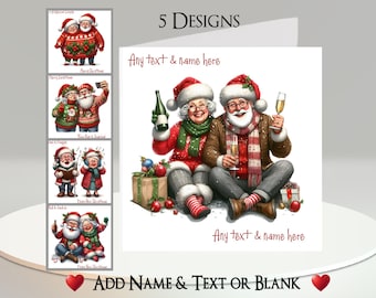 Christmas Funny Couple Card: Add Your Text + Name, Inside Message, 5 Designs. Elderly, Old, OAP, Hat, Scarf, Santa Hat, Phone, Wine, Singing
