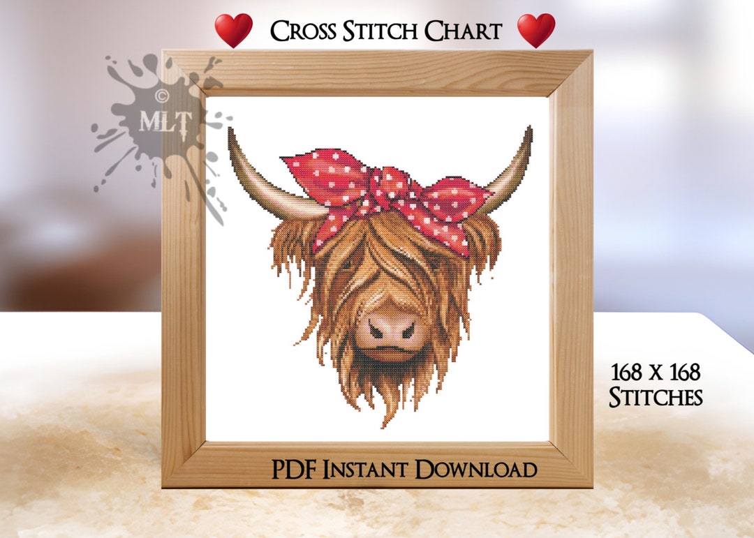 Highland Cow Counted Cross Stitch Chart Instant PDF Download. Coloured