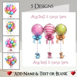 Ballonbundelkaart: tekst en naam toevoegen, bericht binnenin, tekstkleur kiezen, 5 ontwerpen.  Veelkleurige ballonnen, hart, strik, lint