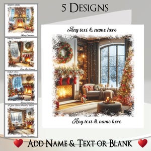 Kerstkaart: tekst en naam toevoegen, bericht binnenin, 5 ontwerpen, open haard, vuur, kerstboom, kous, cadeaus, cadeaus, kersttafereel