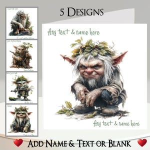 Biglietto Troll: aggiungi il tuo testo + nome, messaggio interno, 5 design. Goblin, Hobgoblin, Orco, Ceppo d'albero, Fantasy, Divertente, Umoristico