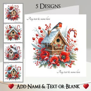 Carte de Noël : ajoutez votre texte et votre nom, message à l'intérieur, 5 motifs, nichoir, nichoir, rouge-gorge, cardinal, canne en bonbon, pavot, baies, neige