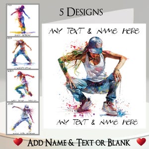 Carte de danseuse de rue : ajoutez votre texte + votre nom, un message à l'intérieur, 5 motifs. Danse, house, hip hop, breakdance, breakdance, pop pop, musique
