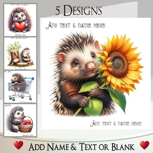 Carte hérisson amusante : ajoutez votre texte et votre nom, message à l'intérieur, 5 modèles au choix ~ Comique, coeur, tournesol, panier, shopping, hérisson