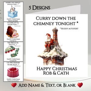 Kerstkaart: tekst en naam toevoegen, bericht binnenin, 5 ontwerpen, woordspeling, curry, haai, paraplu, gelei, gelei, ham, grappig, humoristisch
