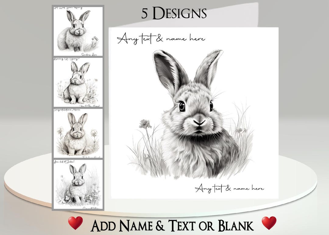 Rabbit Card: Add Your Text + Name, Inside Message, or Blank. 5 Designs ...