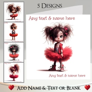Tarjeta de bailarina: Agrega tu texto + nombre, mensaje interior, 5 diseños. Ballet, zapatillas de ballet, danza, baile, tutú rojo, recital, música, peculiar