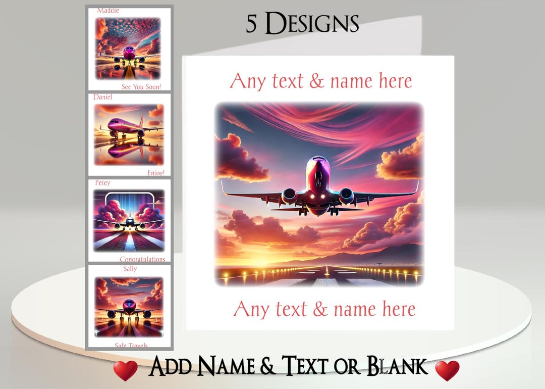 Aeroplane Card: Add Your Text + Name, Inside Message, or Blank. 5 ...
