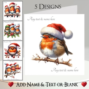 Kerstkaart: tekst en naam toevoegen, bericht binnenin, 5 ontwerpen, roodborstje, roodborstje, kerstmuts, tak, boom, hulstbessen, spar, kerstballen