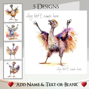 Carte Emu : ajoutez votre texte et votre nom ~ message à l'intérieur ~ 5 modèles ~ émeu drôle, dessin animé, arc-en-ciel, dessin, oiseau australien, Australie, animal sauvage