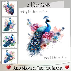 Cartão de pavão: adicione seu texto + nome, mensagem interna, 5 designs para escolher ~ pena de pavão, flores, flores rosas, pássaro, pássaro selvagem