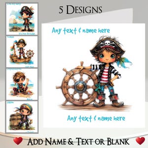 Carte Pirate Boy : ajoutez votre texte + votre nom, un message à l'intérieur, 5 modèles. Déguisement de pirate, Mer, Navire, Plage, Roue de navire, Trésor, Carte, Baril