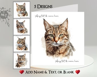 Carte de chat tigré : ajoutez votre texte + votre nom, un message intérieur ou une carte vierge. 5 modèles. Félin, Animal De Compagnie, Portrait, Mignon