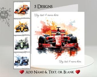 Racing Car Card: Add Your Text + Name, Inside Message, or Blank.  Sport, Sports, Motor Race, Formula One, Track, Automobile, Circuit, Auto