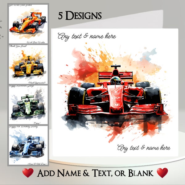 Tarjeta F1: Agregue su texto + nombre - Mensaje interior - Personalizado, Fórmula Uno, Gran Premio, Carrera de autos, Automovilismo, Deportes de motor, Coche de carreras