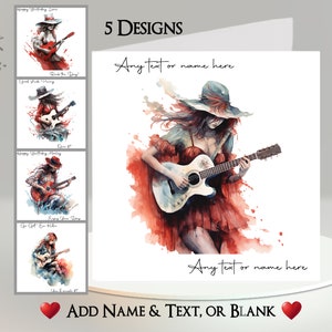 Rockin' Girl-kaart: tekst en naam toevoegen ~ bericht binnenin ~ bas, gitaar, zessnarige, akoestische gitaar, vrouw, rocker, muziek, instrument, rock