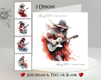 Gitarre Mädchen Karte: Füge deinen Text + Name hinzu, oder Blank. 5 Designs. Weiblich, Frau, Bass, Six-String, Akkustik, Musik, Instrument