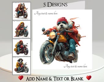 Biker Dog Card: Add Your Text + Name, Inside Message, or Blank. 5 Designs.  Pet, Motorcycle, Bike, Motorbike, Bike Test, Bike Ride, Rider