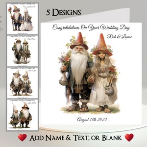 Gnome-trouwkaart: naam en datum toevoegen ~ bericht binnen ~ man, vrouw, bruid, bruidegom, trouwdag, huwelijk, huwelijksceremonie, kabouter, trol