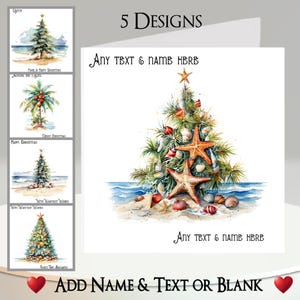 Cartão de Natal: Adicione seu texto + nome, mensagem interna, 5 designs, árvore de Natal tropical, palmeira, praia, concha, mar, oceano, feriado, férias