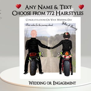 Biglietto di nozze per motociclisti: aggiungi il tuo testo + nome, scegli i capelli ~ Messaggio interno ~ Matrimonio, nozze, fidanzamento, motocicletta, bici, motocicletta, coppia