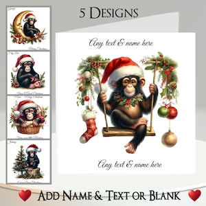 Weihnachtskarte: Fügen Sie Ihren Text + Namen, Innentext, 5 Designs, Schimpanse, Affe, Affe, Primate, Schaukel, Strumpf, Nikolausmütze, Mond, Baum, Tanne hinzu