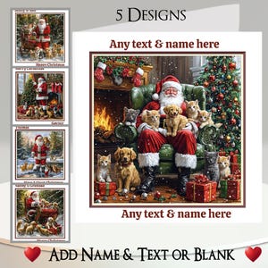 Kerstkaart: tekst en naam toevoegen, bericht binnenin, 5 ontwerpen, kerstman, kerstman, sint, huisdieren, honden, katten, slee, boom, sneeuw