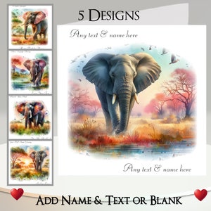 Biglietto elefante: aggiungi il tuo testo + nome ~ 5 design tra cui scegliere ~ Messaggio interno, arcobaleno, safari, Africa, India, giungla, ritratto di elefante