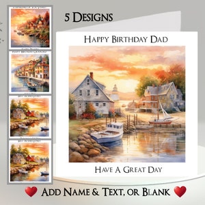 Riverside Card: Aggiungi il tuo testo + nome ~ Messaggio interno ~ Tramonto, Alba, Fiume, Mare, Oceano, Casa, Città, Paese, Barca, Yacht, Marina, Ormeggio