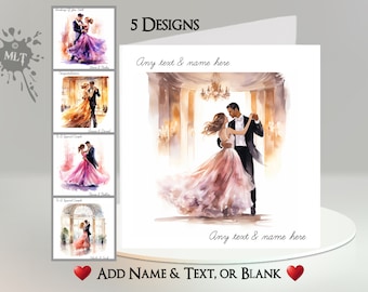May include: Five different designs of greeting cards featuring a watercolor illustration of a couple dancing in a ballroom. The couple is dressed in formal attire, and the woman is wearing a flowing pink gown. The cards are blank inside and can be personalized with a name and message.