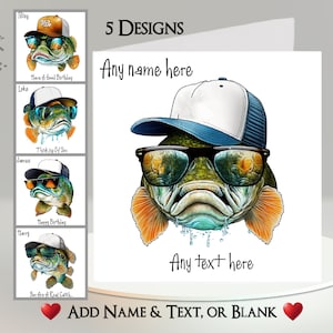 Carte poisson : ajoutez votre texte et votre nom ~ 5 modèles au choix ~ message à l'intérieur ~ pêche, pêcheur, poisson rigolo, poisson original, poisson hip hop, casquette