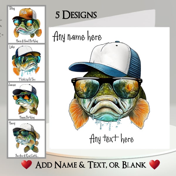 Fish Card: Add Your Text + Name ~5 Designs To Choose From ~ Inside Message ~ Fishing, Fisherman, Funny Fish, Funky Fish, Hip Hop Fish, Cap