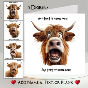 Tarjeta de vaca de las Tierras Altas: agregue su texto + nombre ~ 5 diseños para elegir ~ Mensaje interior ~ Cara divertida Vaca de las Tierras Altas, ganado, vaca escocesa, Escocia