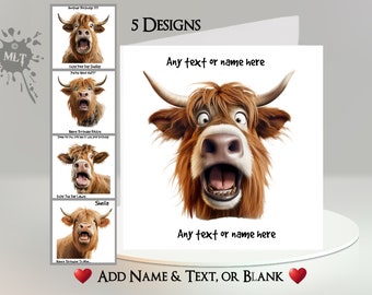 Highland Cow Card: Add Your Text + Name ~5 Designs To Choose From ~ Inside Message ~ Funny Face Highland Cow, Cattle, Scottish Cow, Scotland