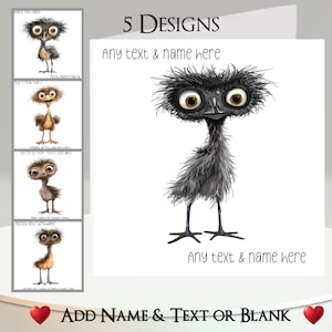 Carte émeu : ajoutez votre texte et votre nom ~ message à l'intérieur ~ 5 modèles ~ émeu drôle, dessin animé, dessin, oiseau australien, Australie, animal sauvage